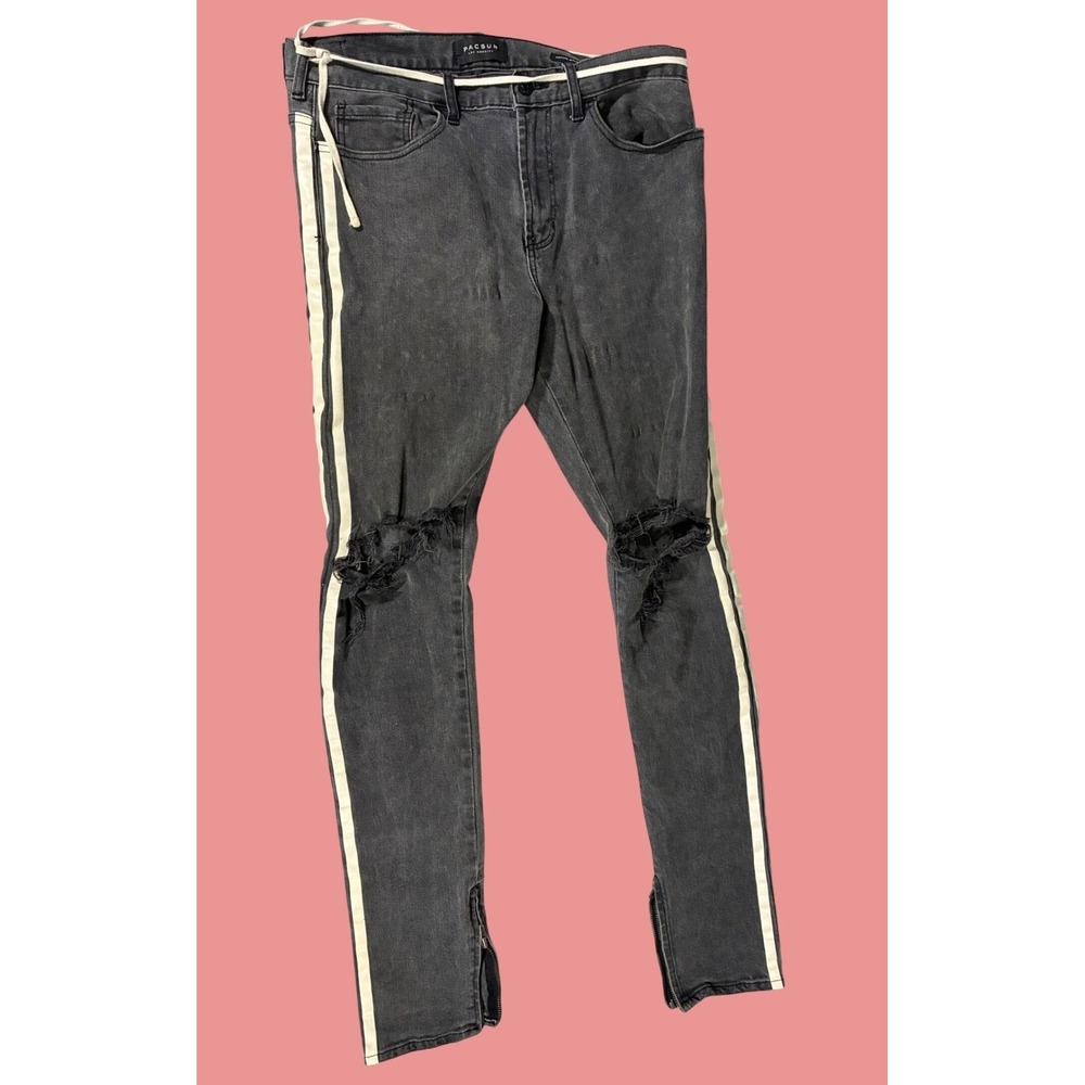 PacSun Stacked Skinny Distressed Jeans Black Gray Side Stripe Ankle Zip 34x32
